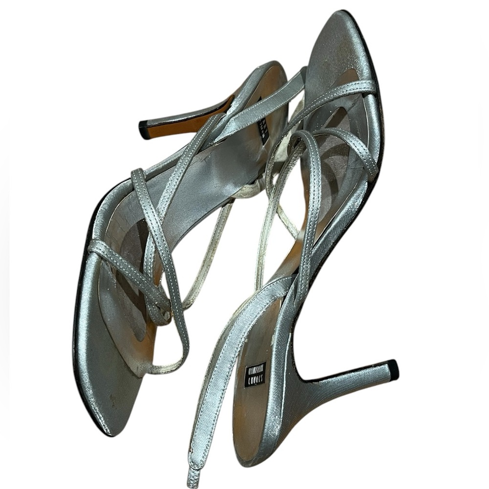 Stuart Weitzman Quadro Silver Lamé Strappy Heeled Sandals 6 1/2 B